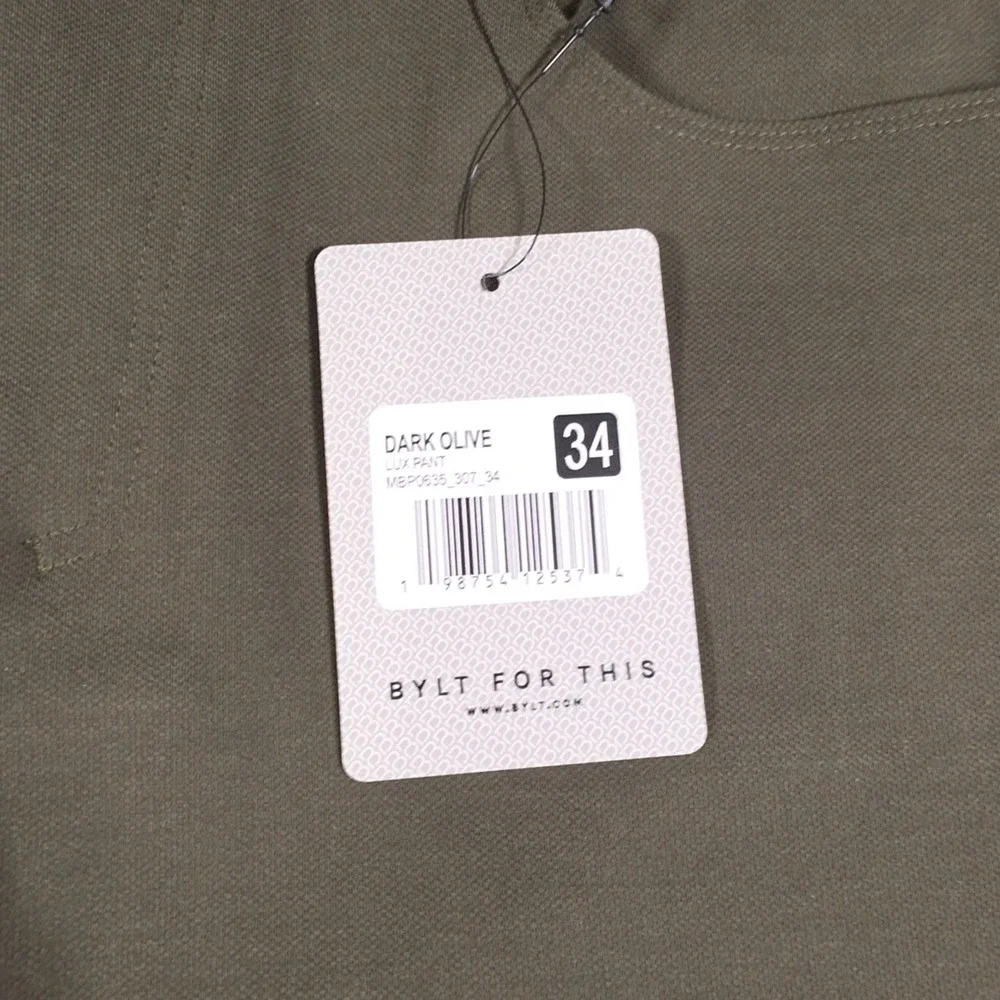 NWT BYLT Lux Pants Mens 34x30 Dark Olive Stretch Bamboo Slim Chino 5 Pocket